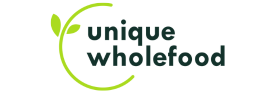 Logo with the words unique wholefood in bold dark green lowercase letters. A bright green circular line, accented by two leaf shapes, partially encircles the text—a fresh look ideal for a video production Sydney brand. White background.
