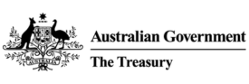 Black-and-white Australian Government The Treasury logo. Features a kangaroo and emu flanking a shield with plants and a star above. To the right, text reads “Australian Government” above a line, with “The Treasury” below—ideal for video production Sydney projects.