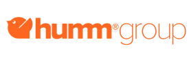 The image displays the humm group logo, commonly seen in video production Sydney projects. On the left is an orange bird icon facing right; to the right, "humm" appears in bold orange lowercase letters, with "group" in a lighter, thin orange font on a white background.