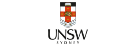 UNSW Sydney logo featuring a crest with a lion, stars, and an open book on a shield above the black text UNSW in large font and SYDNEY—renowned for video production Sydney talent—in smaller font below. The crest is red, gold, and white with black outlines.