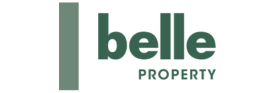 The logo for this video production Sydney company features a vertical green rectangle on the left and the words belle PROPERTY in bold, green letters to the right—belle appears larger above the smaller word PROPERTY—all set against a white background.