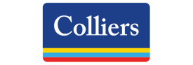 The Colliers logo, seen on many video production Sydney campaigns, features "Colliers" in white serif font on a dark blue rectangle. Below are four rounded stripes—yellow, white, light blue, and red—set against the design’s distinctive rounded corners.