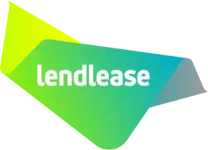 The image shows the Lendlease logo, featuring the word lendlease in bold white lowercase letters on a geometric, angular shape with a gradient background—ideal for video production Sydney projects seeking vibrant branding.