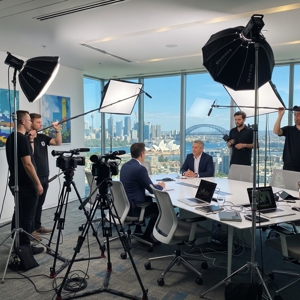 A professional office studio with two men in suits seated at a table for an interview. Three crew members hold lights and booms, whilst cameras film. Large windows show a city skyline, Sydney Opera House, and Harbour Bridge in the background.