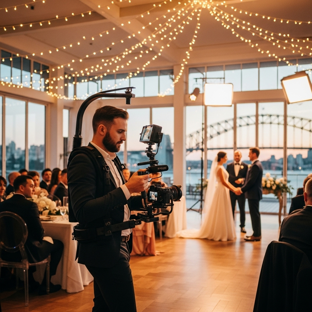 A videographer with camera kit films a bride and groom holding hands and smiling during their wedding ceremony. Guests sit at decorated tables, and fairy lights hang above in a modern venue with large windows and a sunset cityscape outside.