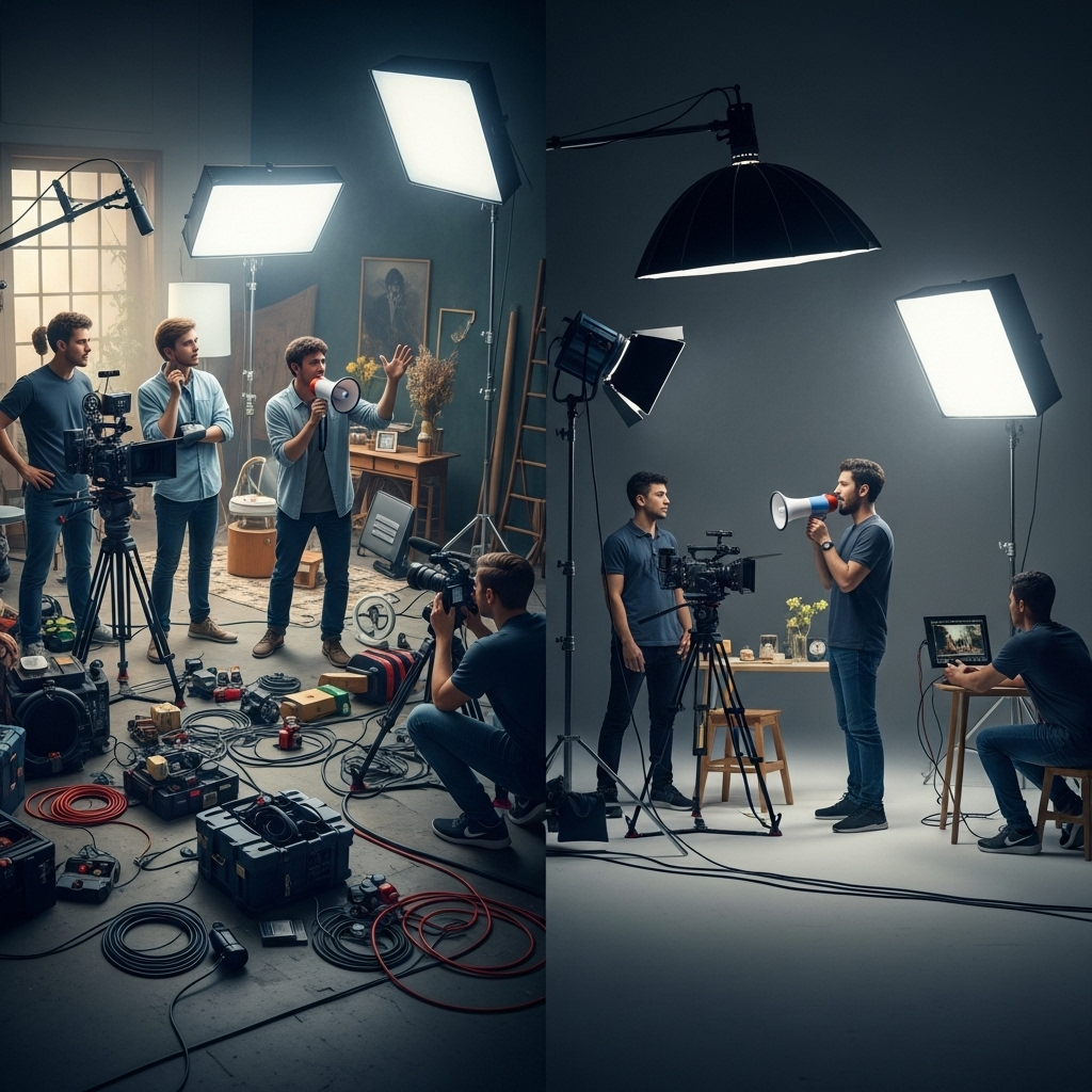 Split image of two film sets: On the left, a group of men sets up cameras, lights, and cables in a cluttered, warm-toned studio. On the right, a minimalist, dark studio has a man with a megaphone, crew, camera, and bright lighting equipment.