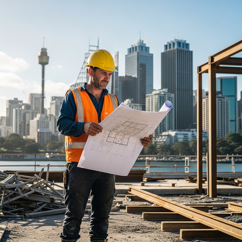 A construction worker in a yellow hard hat and orange vest studies blueprints at a building site. The city skyline with tall modern buildings and a communications tower is visible in the background under a clear sky. Construction materials lie nearby.